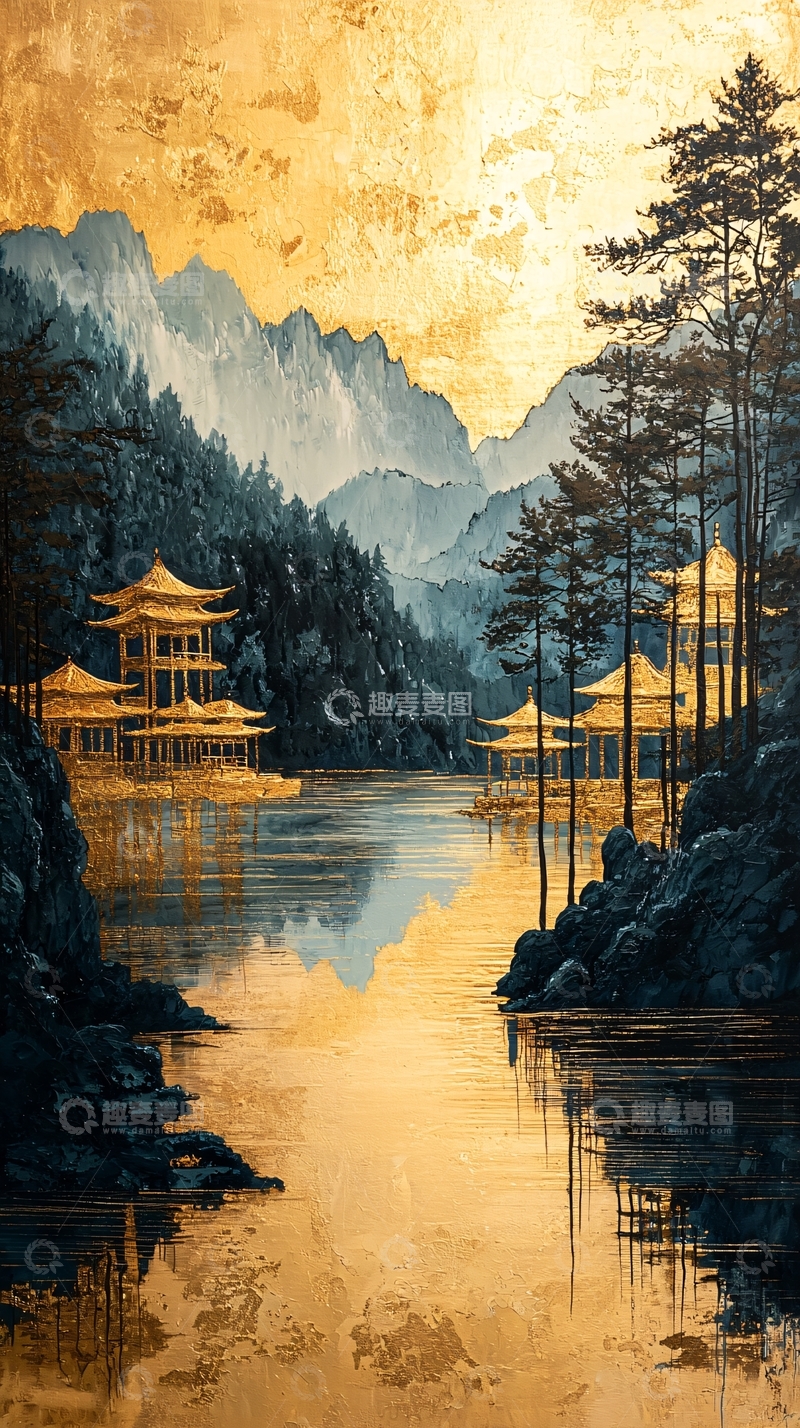 高清大图下载【趣麦麦图】金色山河寺庙倒影