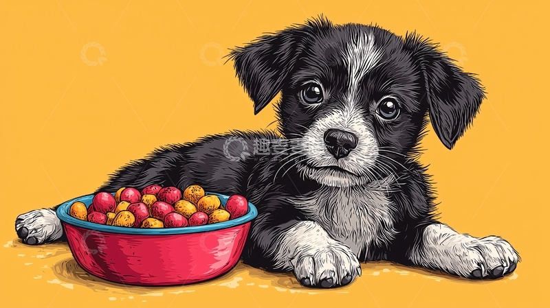 高清大图下载【趣麦麦图】小狗和一碗狗粮