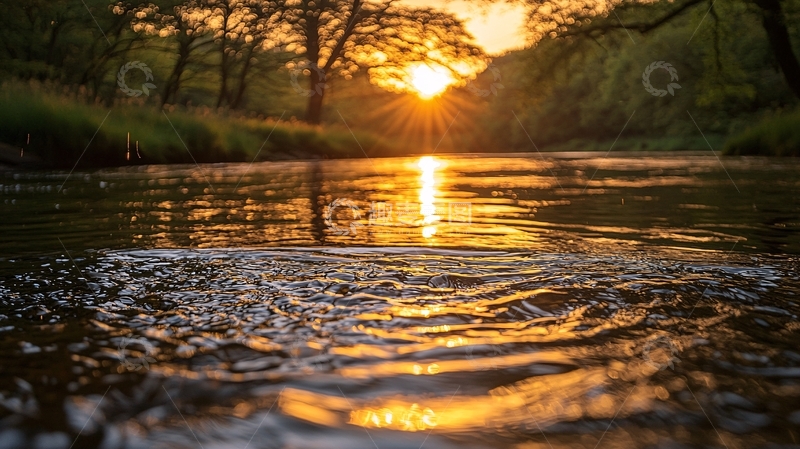 高清大图下载【趣麦麦图】夕阳西下河流泛金光