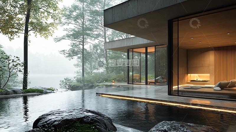 高清大图下载【趣麦麦图】雾气森林现代建筑