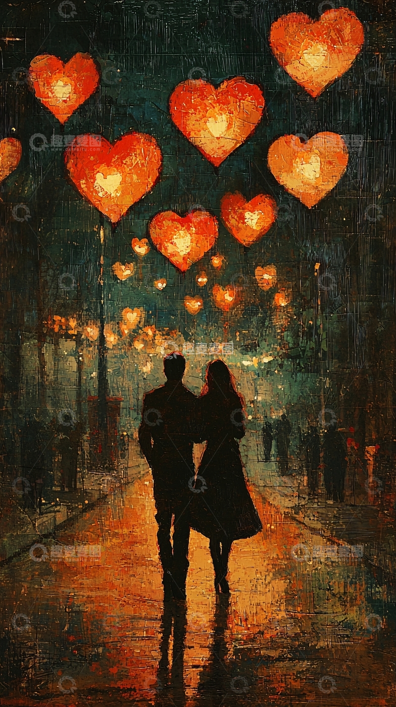 高清大图下载【趣麦麦图】夜晚街道爱心灯笼情侣