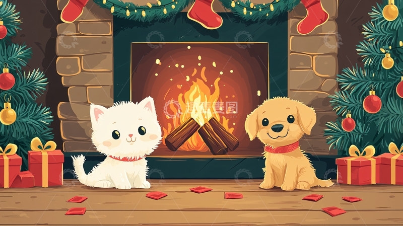 高清大图下载【趣麦麦图】圣诞节壁炉猫咪狗狗