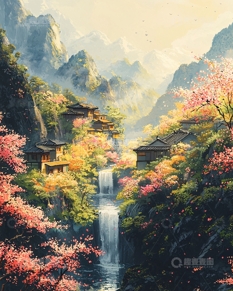 高清大图下载【趣麦麦图】山间樱花盛开的村落