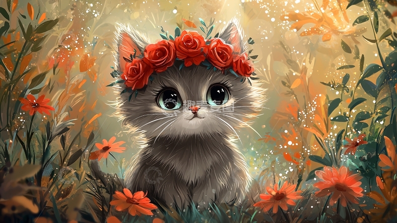 高清大图下载【趣麦麦图】戴玫瑰花环的小猫