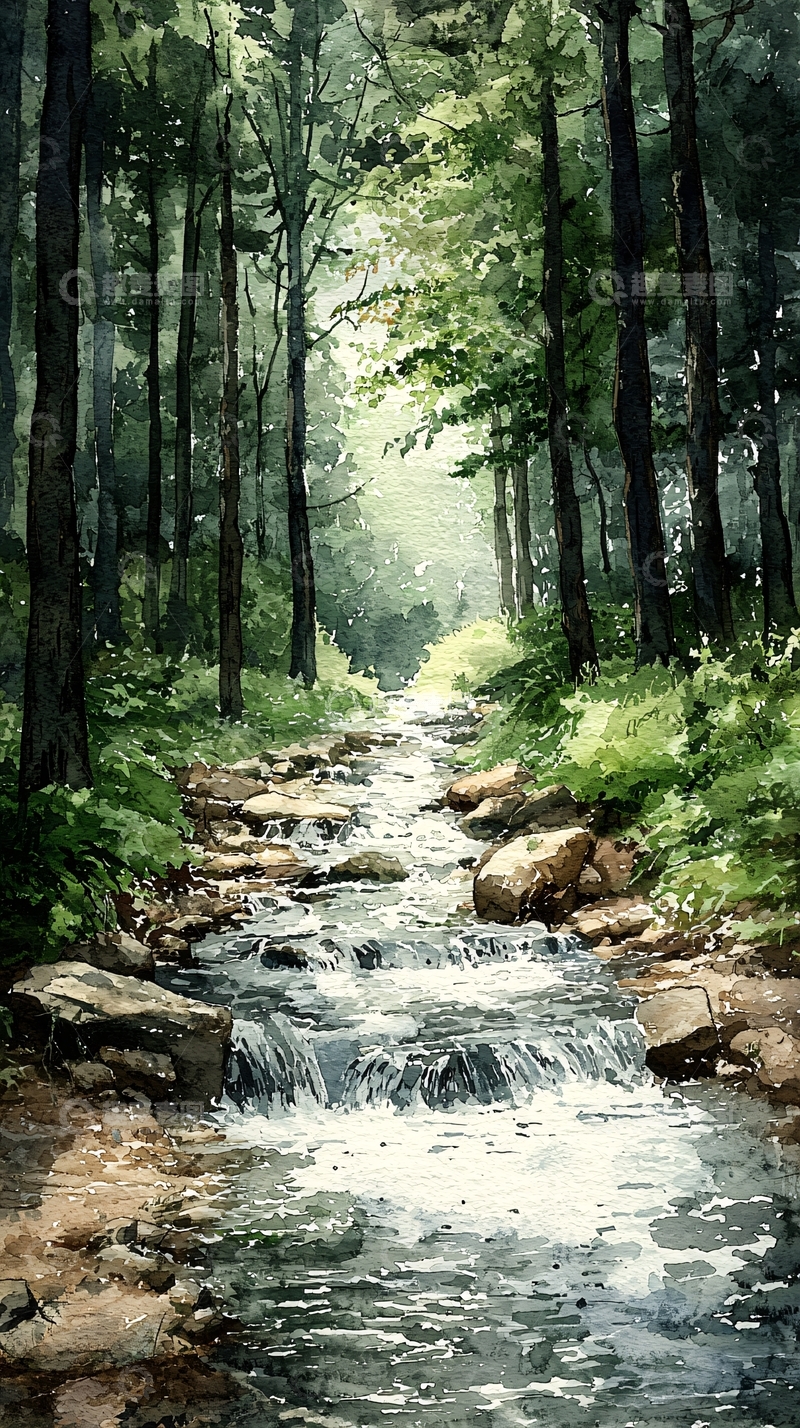 高清大图下载【趣麦麦图】森林小溪水彩画