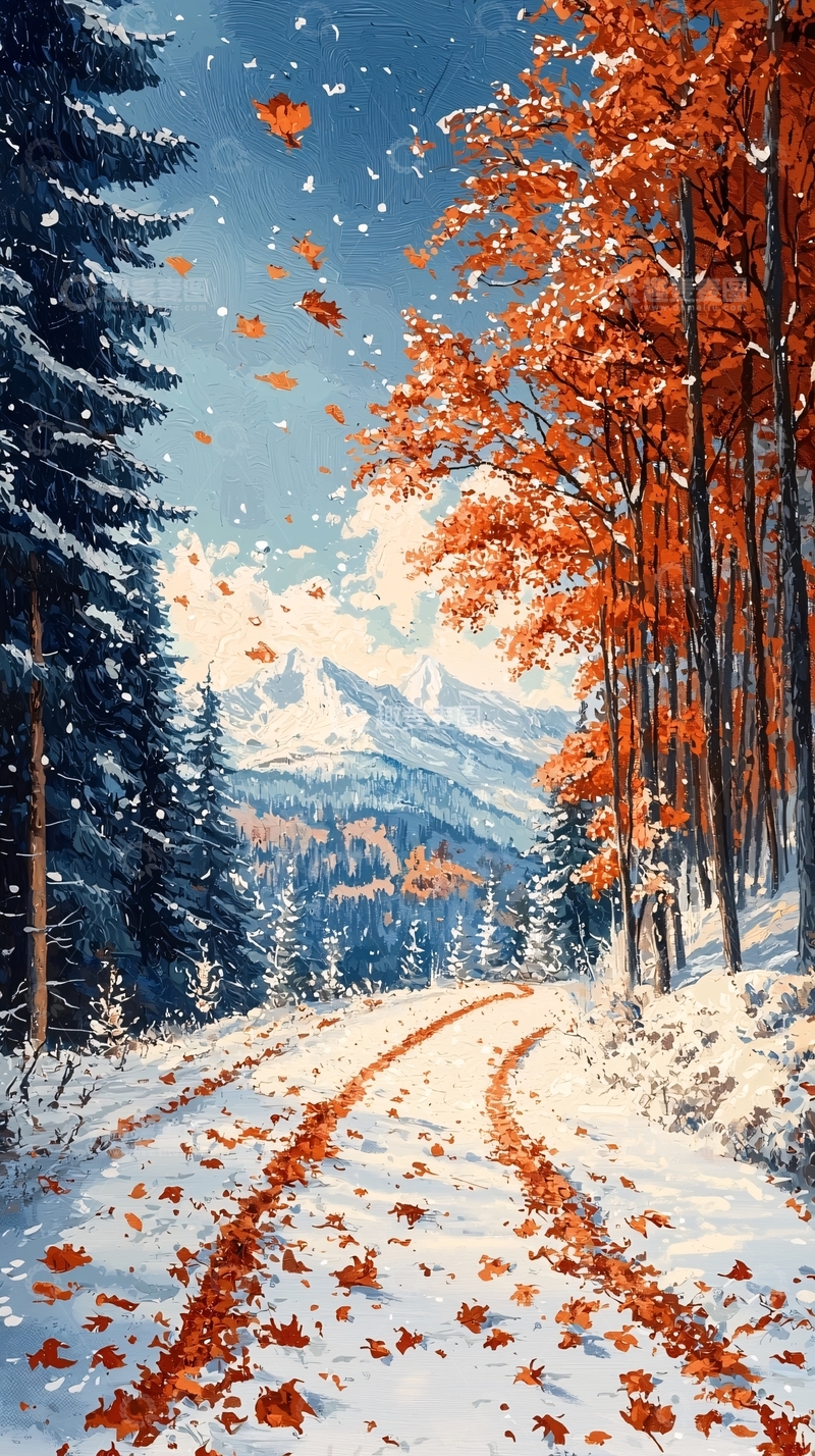 高清大图下载【趣麦麦图】冬雪秋叶山路
