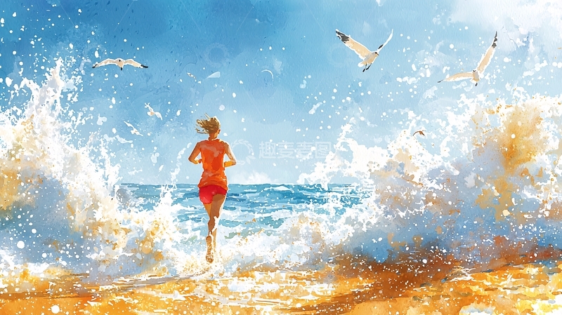高清大图下载【趣麦麦图】海边奔跑女子