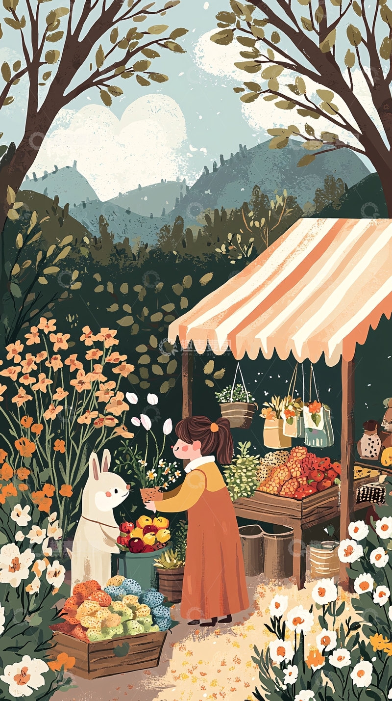 高清大图下载【趣麦麦图】田园风女孩与兔子买菜