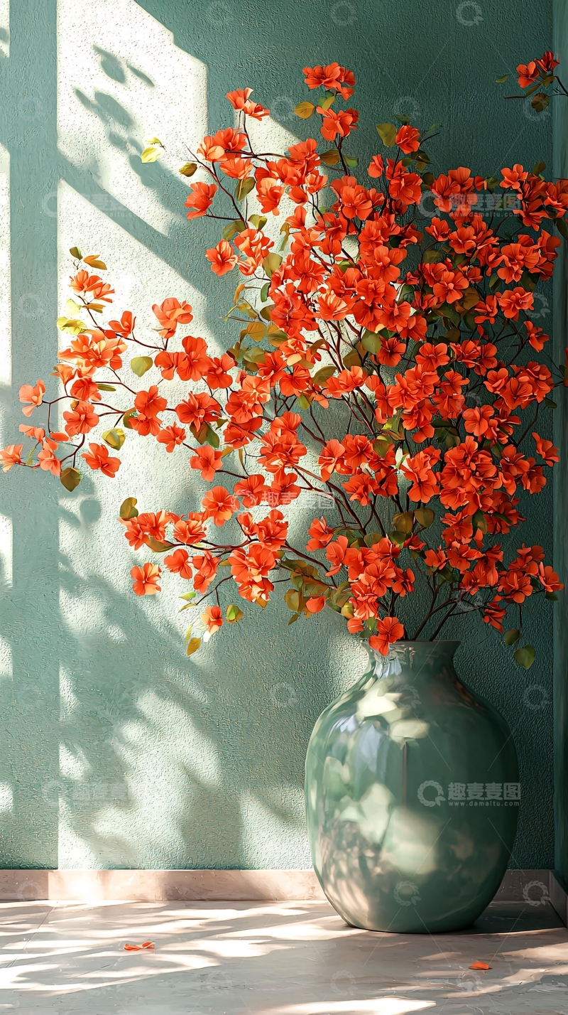 高清大图下载【趣麦麦图】阳光下橙色花卉绿瓶插花