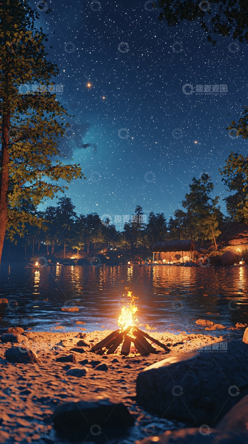 高清大图下载【趣麦麦图】篝火旁的宁静湖畔