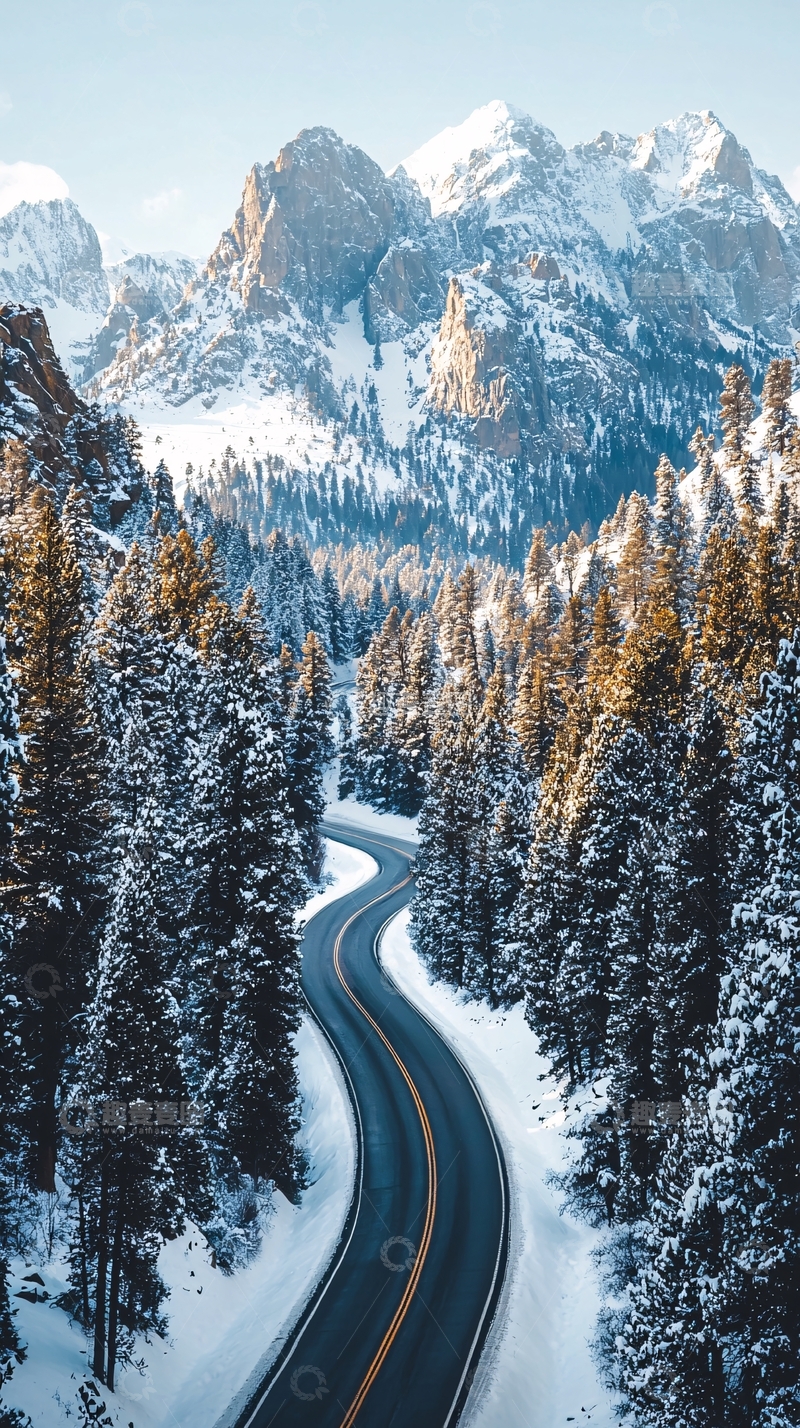 高清大图下载【趣麦麦图】雪山森林弯曲公路
