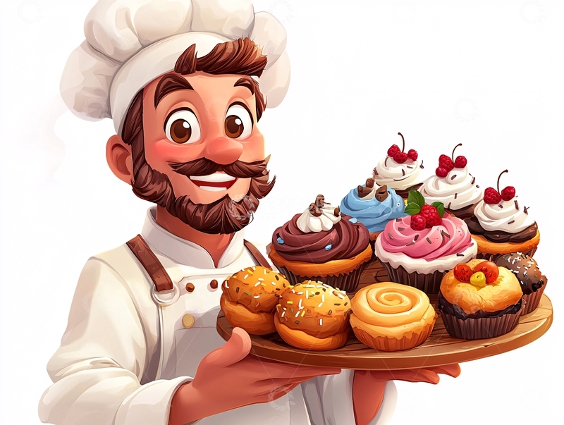 高清大图下载【趣麦麦图】手拿蛋糕的卡通厨师