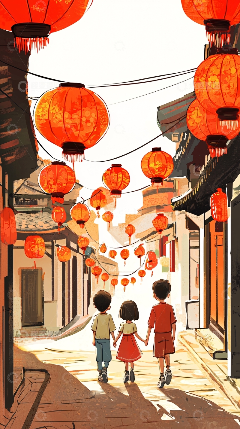 高清大图下载【趣麦麦图】红灯笼下的孩子们