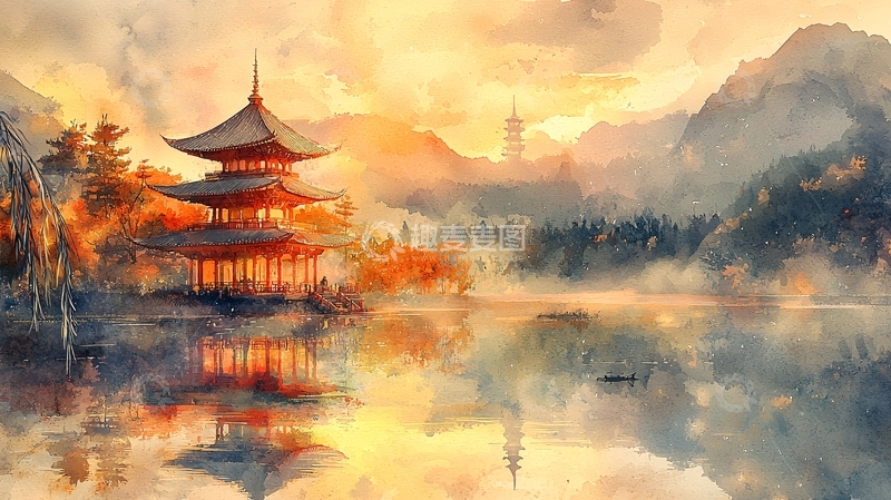 高清大图下载【趣麦麦图】水墨风格的宝塔倒影