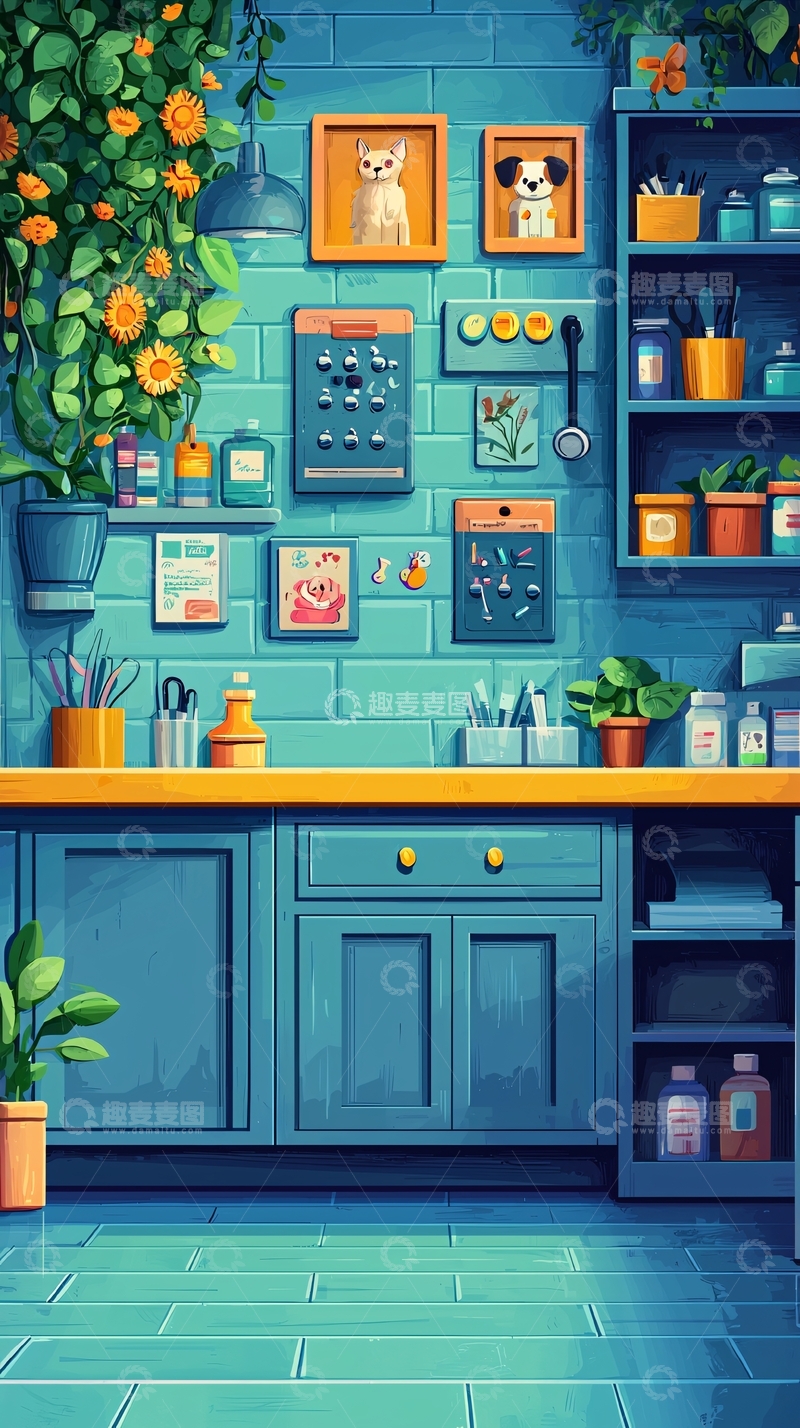 高清大图下载【趣麦麦图】蓝色调厨房墙面装饰画