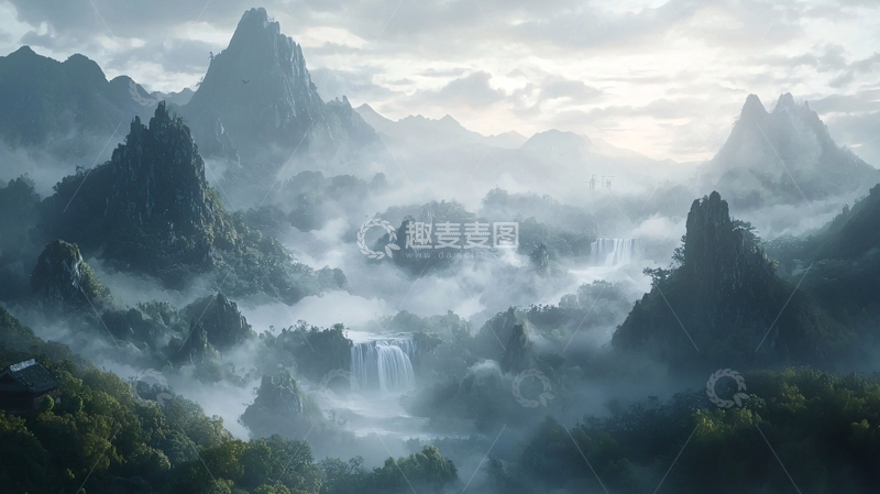 高清大图下载【趣麦麦图】雾气缭绕的山脉全景图