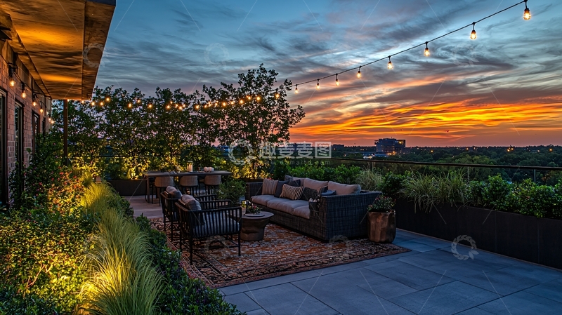 高清大图下载【趣麦麦图】落日余晖下的屋顶花园