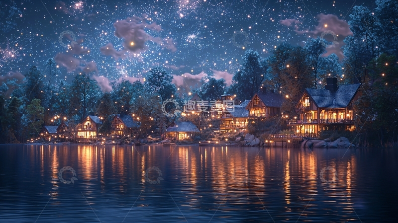高清大图下载【趣麦麦图】梦幻冬夜湖边小屋