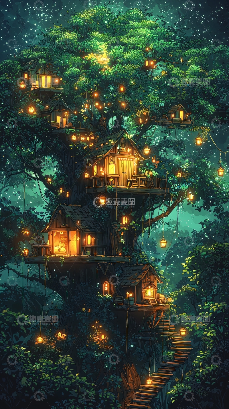 高清大图下载【趣麦麦图】梦幻树屋夜景