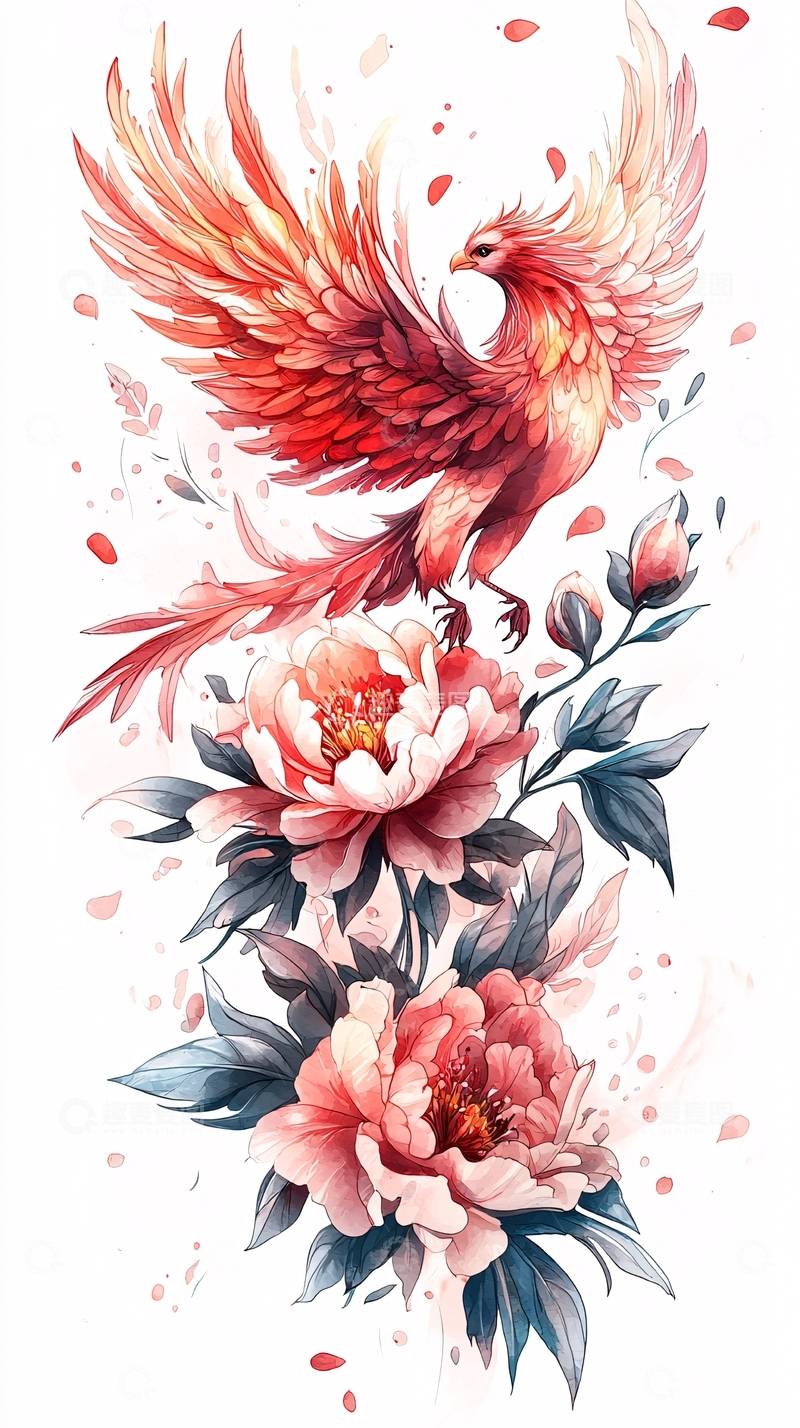 高清大图下载【趣麦麦图】红色凤凰与牡丹花