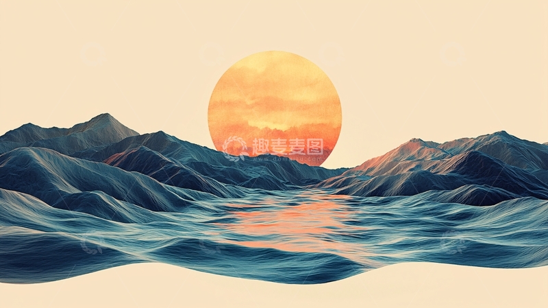 高清大图下载【趣麦麦图】日落下的海面山脉