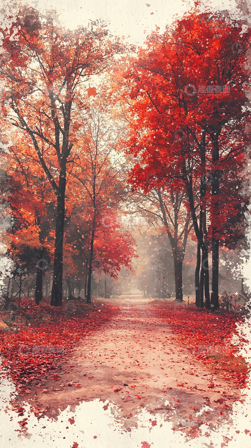 高清大图下载【趣麦麦图】红叶小路秋景图