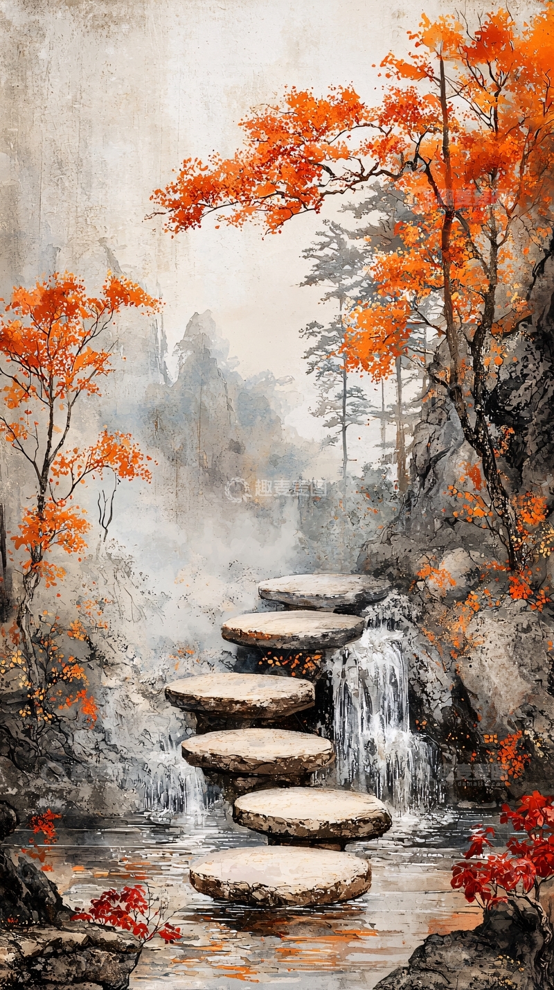 高清大图下载【趣麦麦图】秋日山林小径瀑布