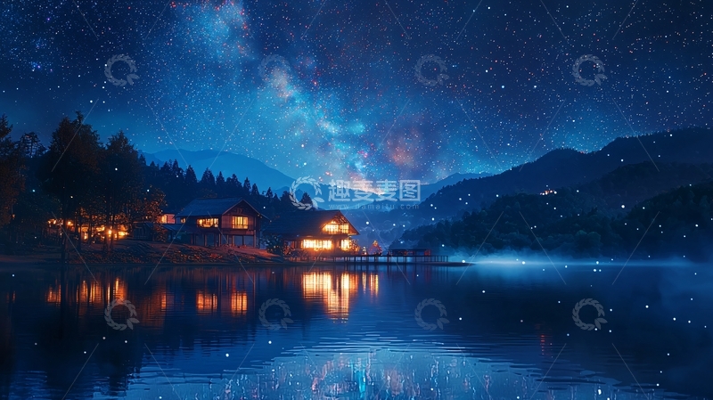 高清大图下载【趣麦麦图】星空下的湖边小屋
