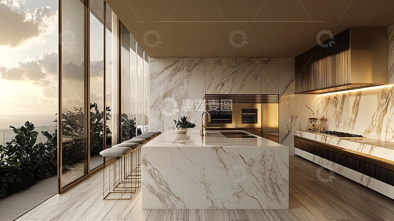 高清大图下载【趣麦麦图】现代极简风格大理石厨房