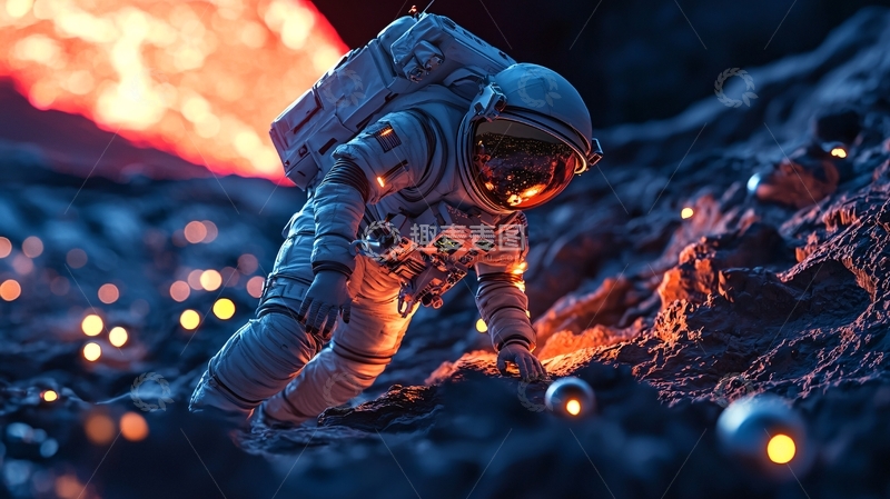 高清大图下载【趣麦麦图】宇航员在火山星球探索