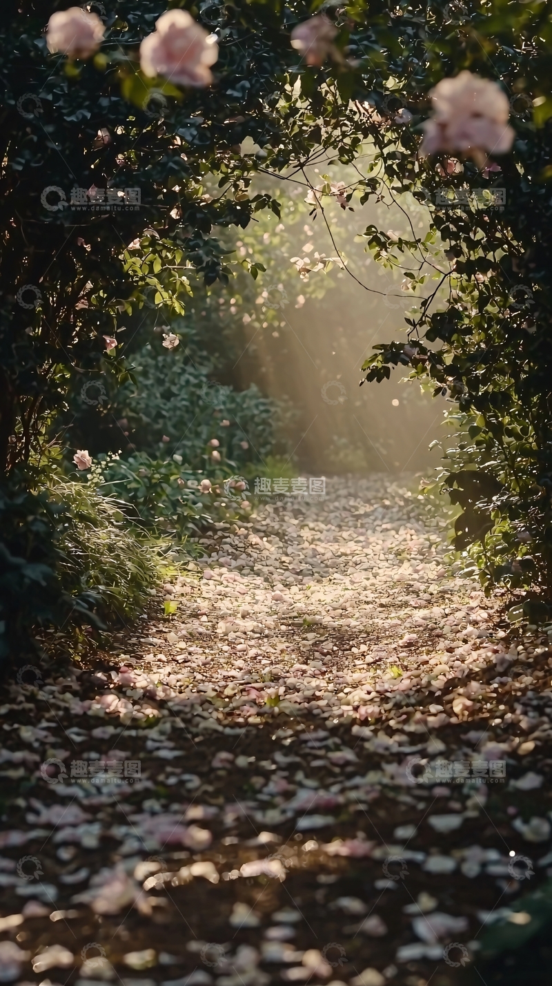 高清大图下载【趣麦麦图】花瓣小路清晨阳光