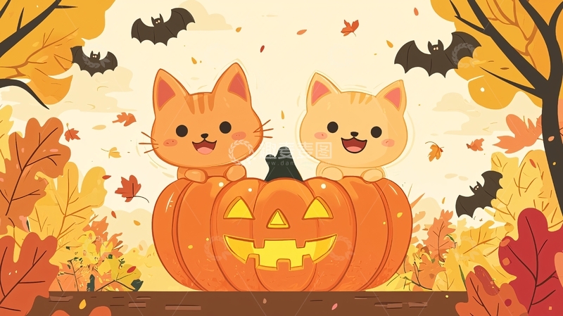 高清大图下载【趣麦麦图】可爱猫咪南瓜灯
