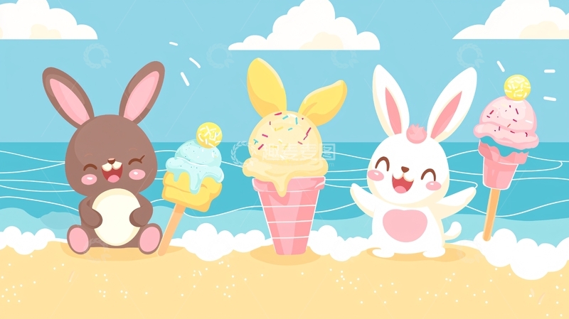 高清大图下载【趣麦麦图】沙滩上吃冰激凌的兔子