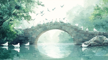 石桥白鸽飞舞的宁静水面