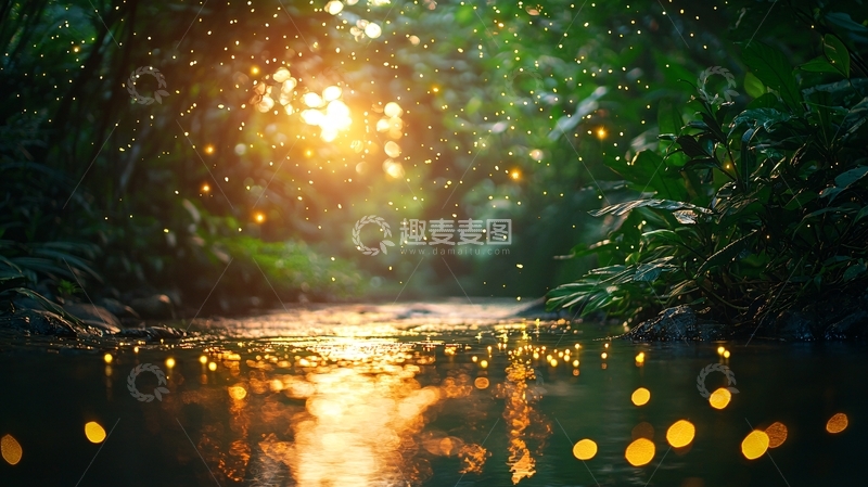 高清大图下载【趣麦麦图】丛林河流日落萤火虫
