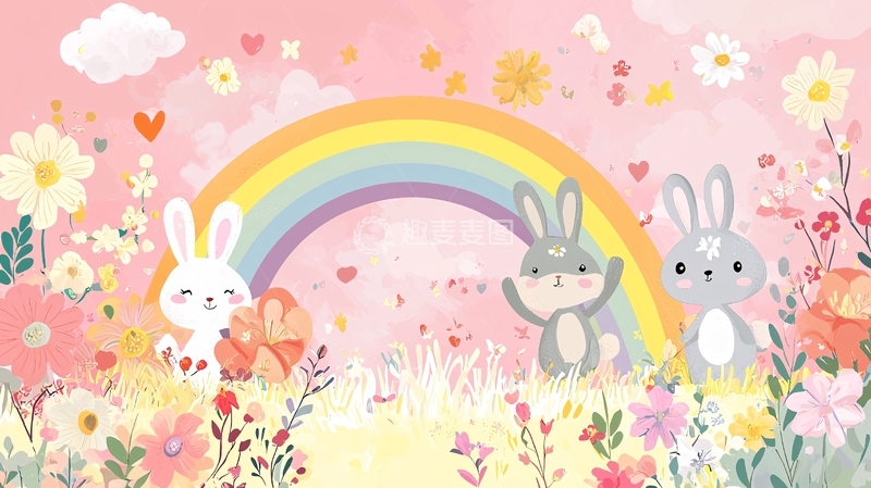 高清大图下载【趣麦麦图】粉色彩虹兔子花田