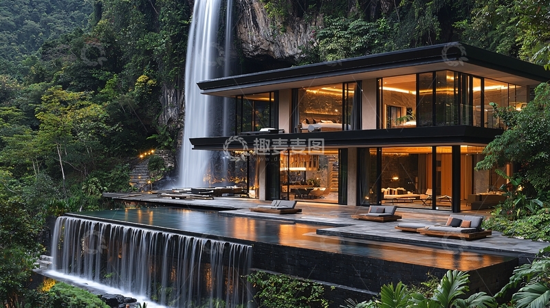 高清大图下载【趣麦麦图】瀑布别墅