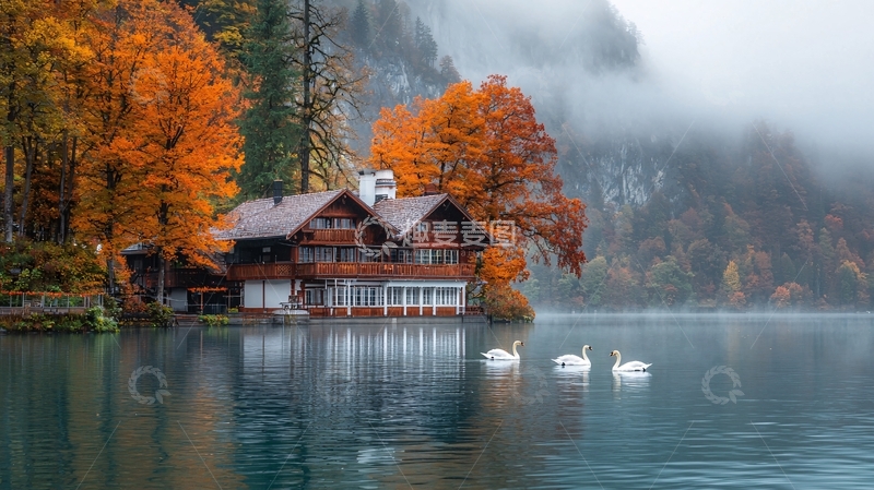 高清大图下载【趣麦麦图】秋日湖边木屋