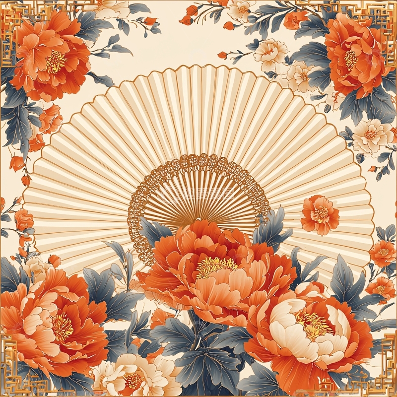 高清大图下载【趣麦麦图】中国风扇与牡丹花纹