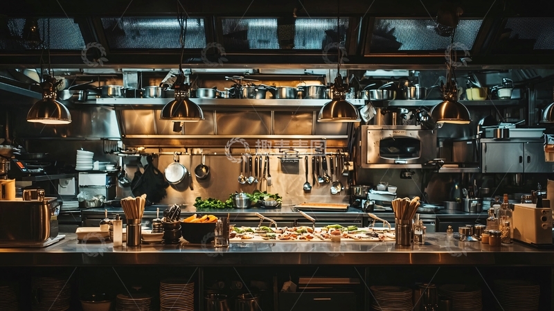 高清大图下载【趣麦麦图】昏暗灯光下的工业风开放式厨房
