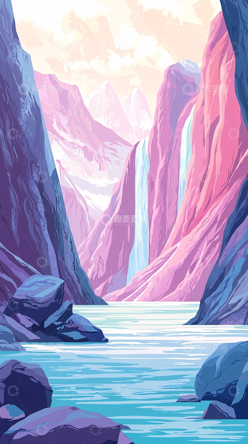 高清大图下载【趣麦麦图】粉色峡谷瀑布风景画
