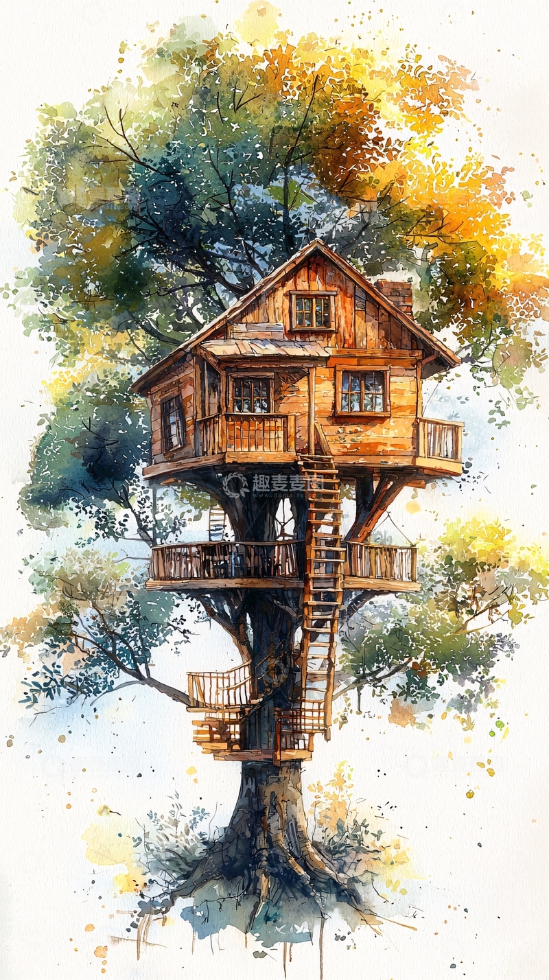 高清大图下载【趣麦麦图】树屋水彩画