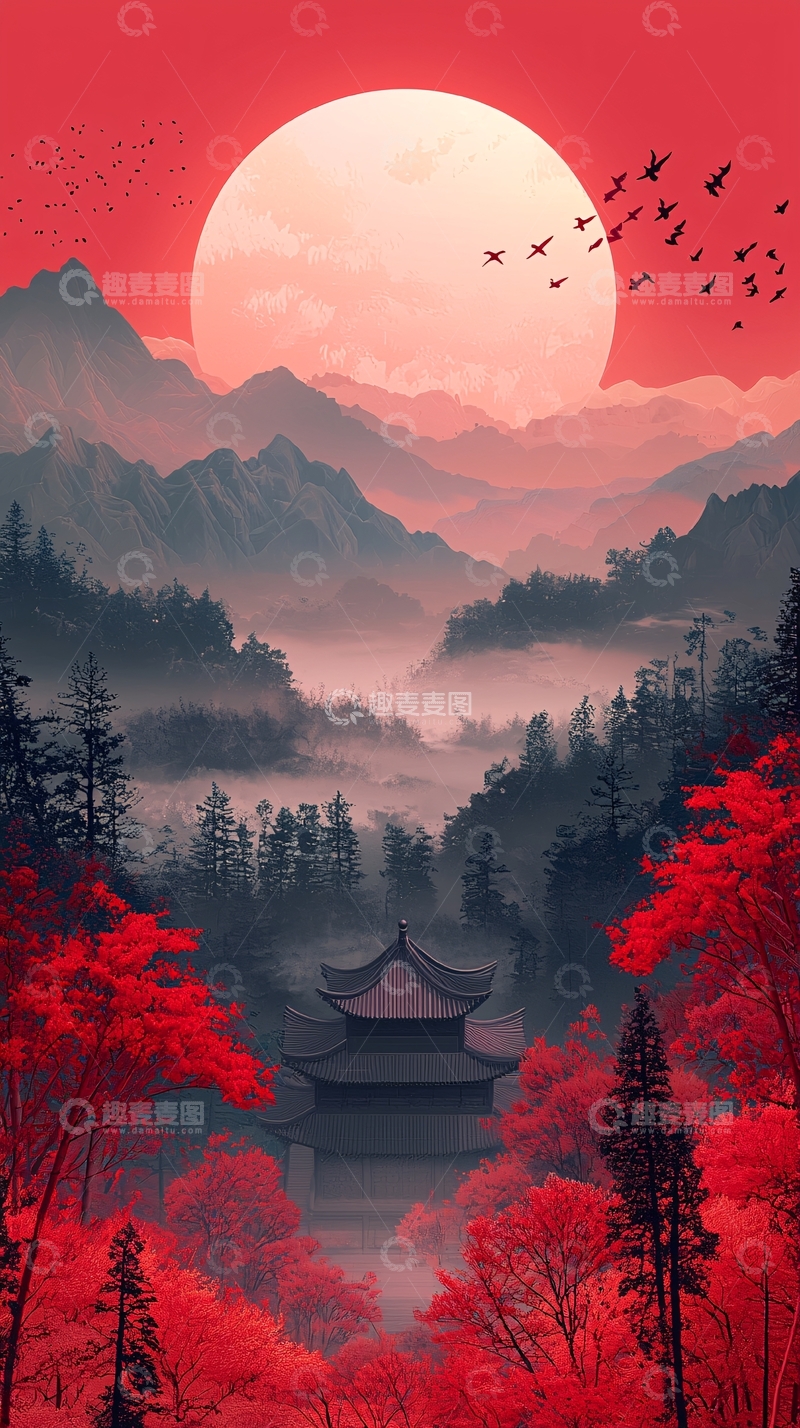 高清大图下载【趣麦麦图】-红色山水