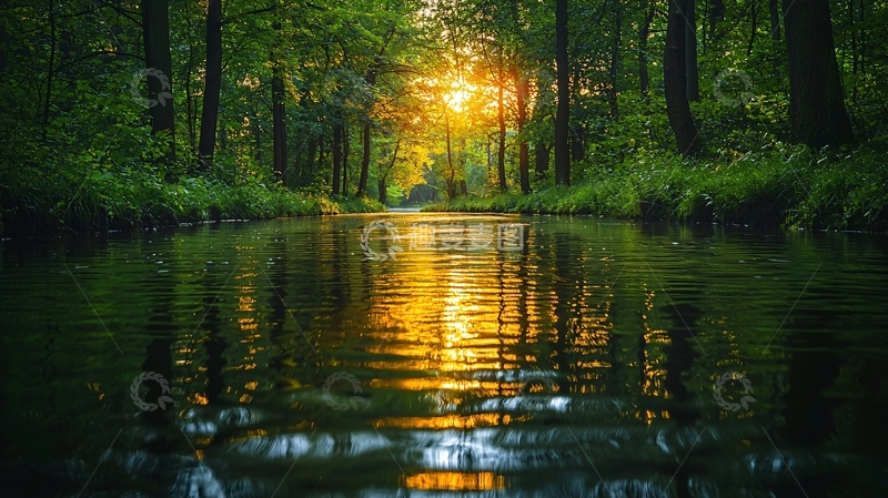 高清大图下载【趣麦麦图】-森林小溪日落