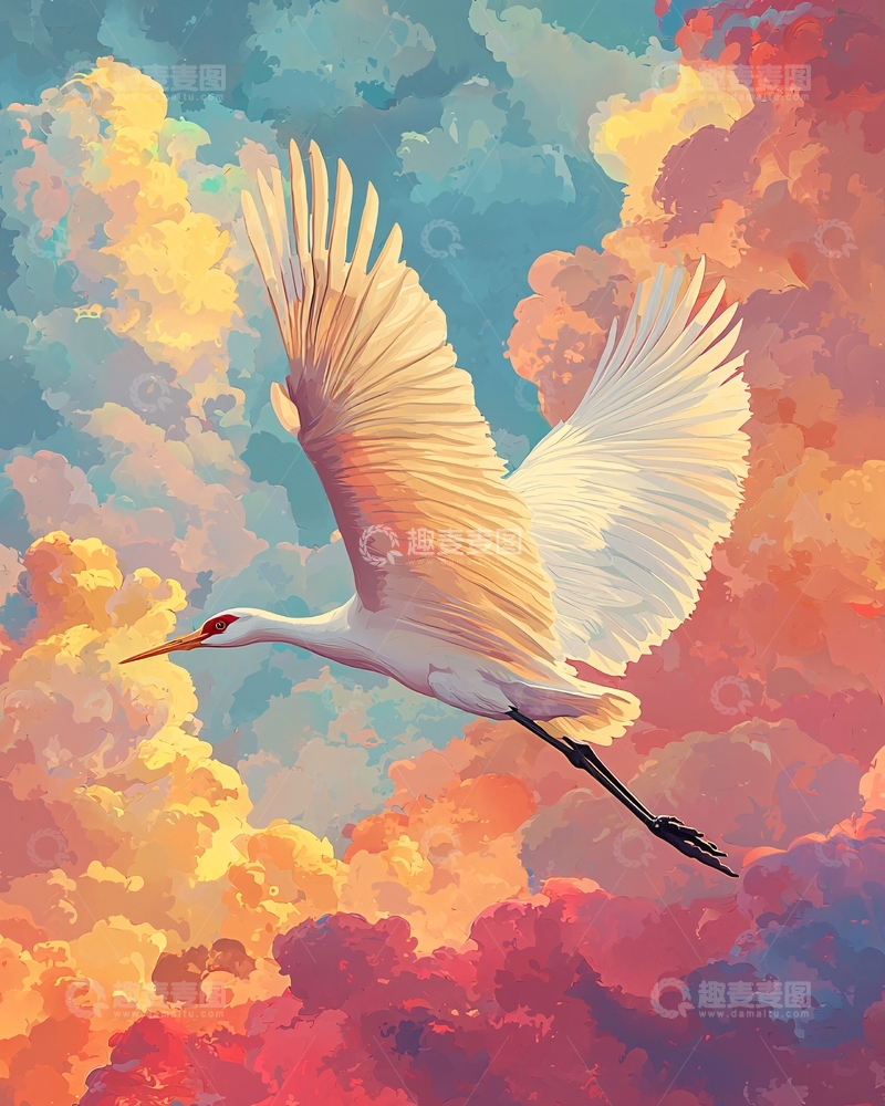 高清大图下载【趣麦麦图】白鹤飞翔彩云图