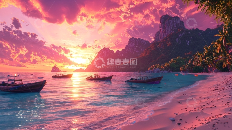 高清大图下载【趣麦麦图】粉色天空下的海滩落日