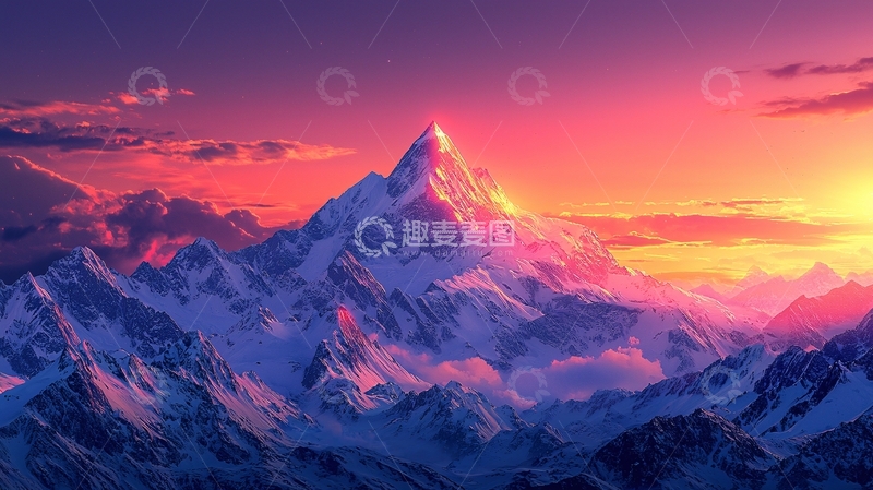高清大图下载【趣麦麦图】粉色日落下的雪山顶峰