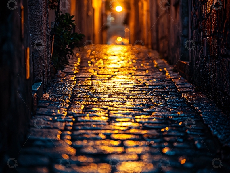 高清大图下载【趣麦麦图】雨后石板路在夜晚的灯光下