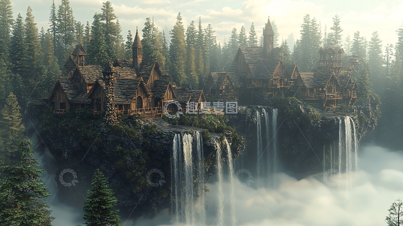 高清大图下载【趣麦麦图】瀑布边的森林小屋