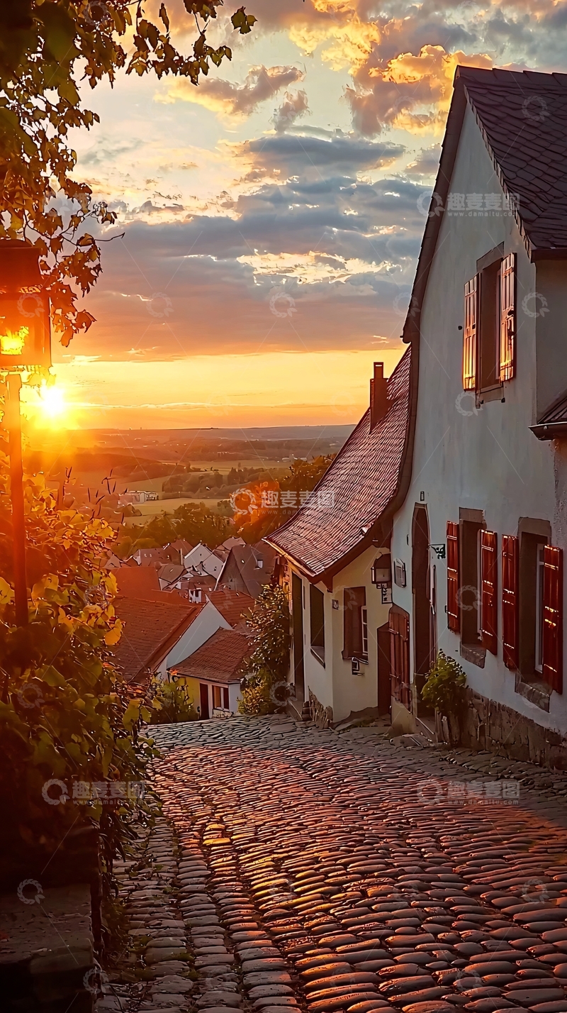 高清大图下载【趣麦麦图】日落小镇石板路
